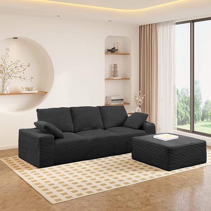 Oversized Convertible L Shaped Sectional Sofa Cloud Couch with Movable Ottoman 103.5 Inch 4 Seat Corduroy Boneless Sofa Set No Assembly Required Floor Couch with Throw Cushions for Living Room