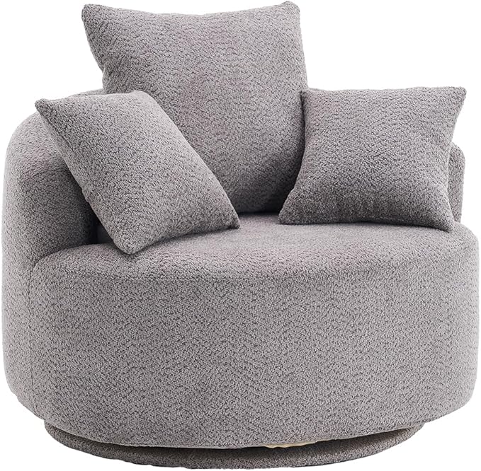 Oversized Swivel Accent Barrel Chair Comfy Deep Seat Round Single Sofa with Pillows Oversized Swivel Round Armchair Full Sponge Compression Chair for Living Room Bedroom (Grey 38 inch)