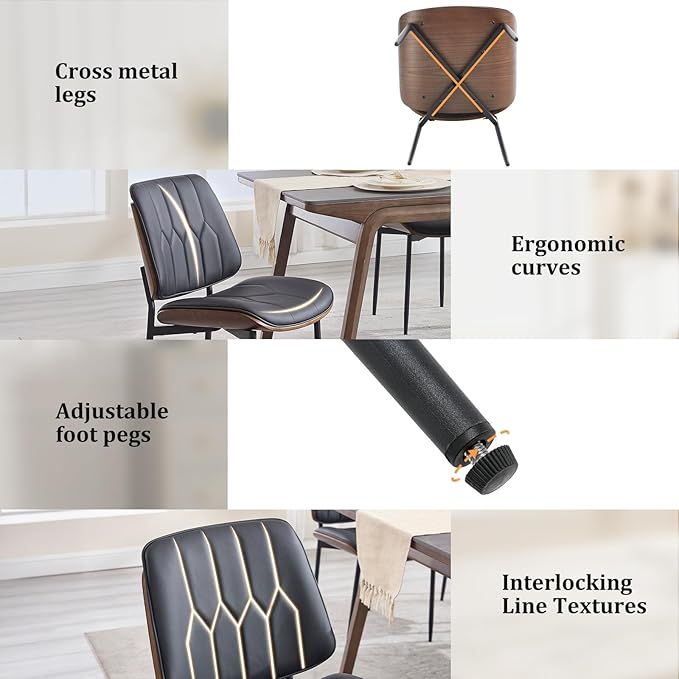 BV Mid Century Modern Dining Chairs Set of 4 Upholstered Pu Leather Armless Accent Chair with Walnut Bentwood Back Retro Kitchen Chair for Dining Room Living Room Kitchen Black