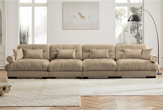 Oversized Modular Velvet Sectional Sofa with Movable Ottoman - Deep Seat Cloud Couch for Living Room Camel Color