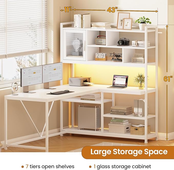 SEDETA L Shaped Computer Desk 58'' Office Desk with LED Light and Bookshelf L Shaped Corner Desk with Storage Shelves for Home Office Gaming Desk L Desk White