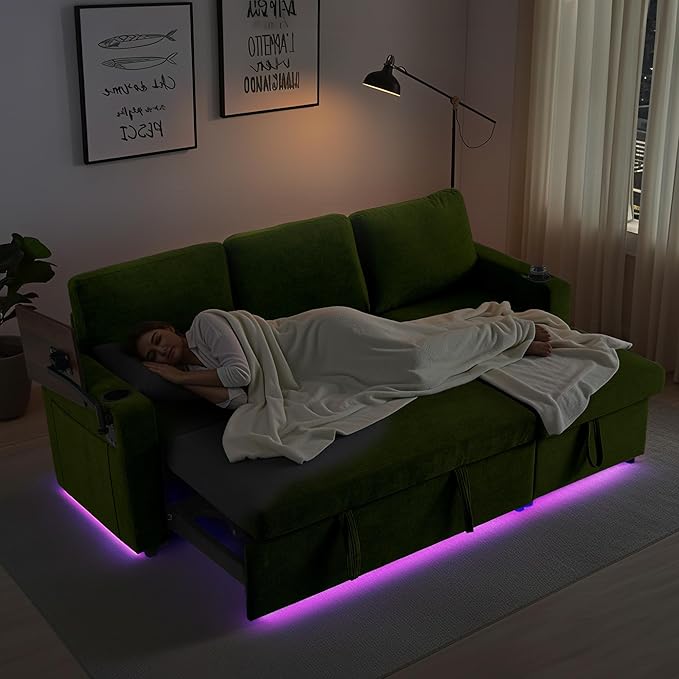 LED Sectional Sleeper Sofa with Pull Out Bed Convertible L Shaped Sofa with Storage Chaise Lounge Retractable Table USB Cup Holders Comfy 3-Seater Sleeper Couch for Living Room (Green)