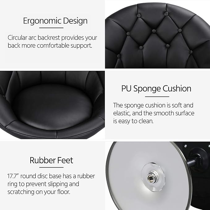 Yaheetech Adjustable Vanity Chair with Round Tufted Back Swivel Leather Salon Chair for Bedroom Living Room Office Black