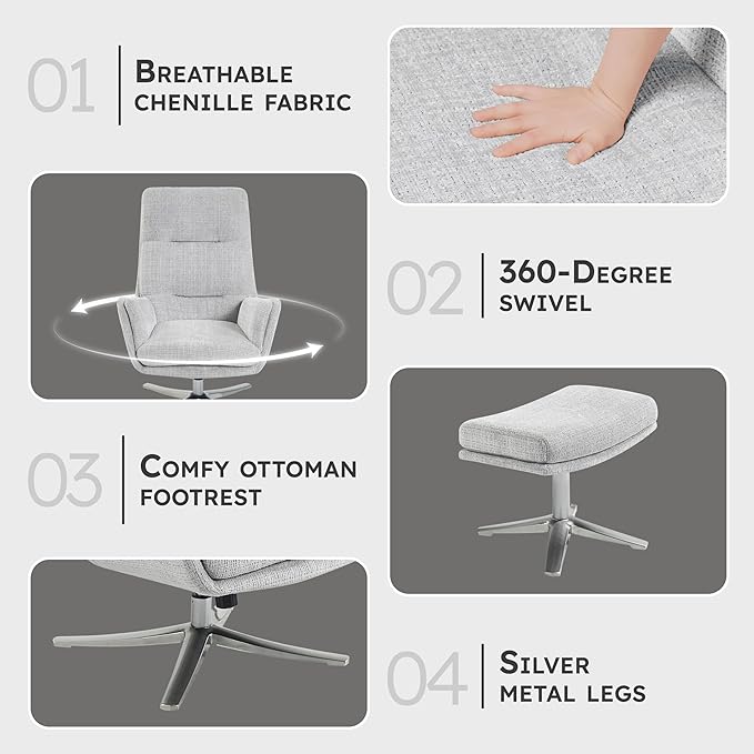 Lexicon 360 Degree Swivel Accent Chair with Ottoman Chenille Upholstered Swivel Lounge Chair with Armrest Criss-Cross Legs and Footstool for Living Room/Office/Bedroom Gray