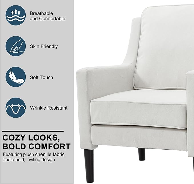 Cream Accent Chair - High Back Upholstered Armchair Comfy Living Room Arm Chair Reading Accent Chairs for Bedroom Apartment Office Single Sofa with Wood Legs