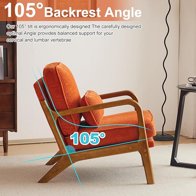 Karl home Mid-Century Modern Accent Chair Living Room Chairs with Pillow Corduroy Upholstered Lounge Armchair with Solid Wood Frame &amp Soft Cushion for Bedroom Reading Room Orange