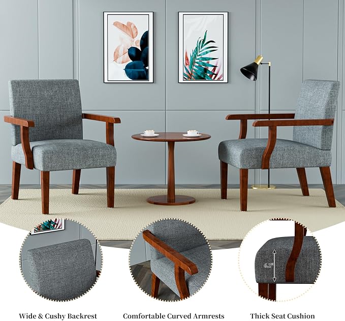 Modern Accent Chairs Set of 2 with Round Side Table Mid-Century Reading Leisure Arm Chair Fabric Upholstered with Solid Wood Armchair for Living Room Bedroom Office Apartment (Grey)