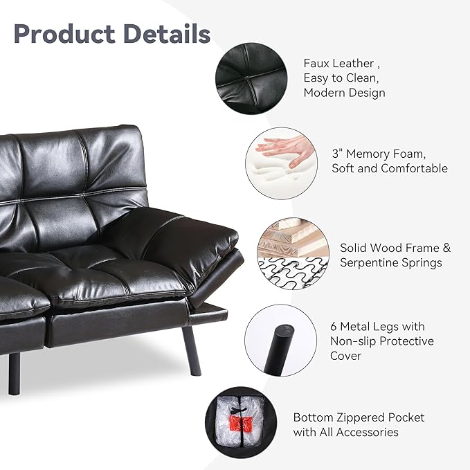 Convertible Faux Leather Futon Sofa BedMemory Foam Futon CouchSmall Splitback Modern Folding Loveseat Sleeper Sofa Couches for Living RoomOfficeApartmentClassic Black
