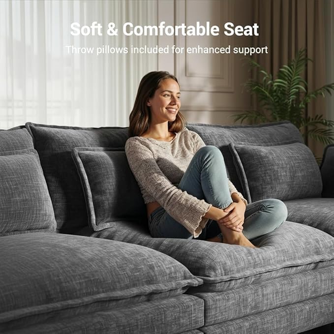 Amada Sectional Couches for Living Room U-Shaped Comfy Cloud Modular Sectional Sofa 5-Seater Chenille Deep Seat Sofa Sleeper with 2 Movable Ottomans &amp Throw Pillows (Grey)