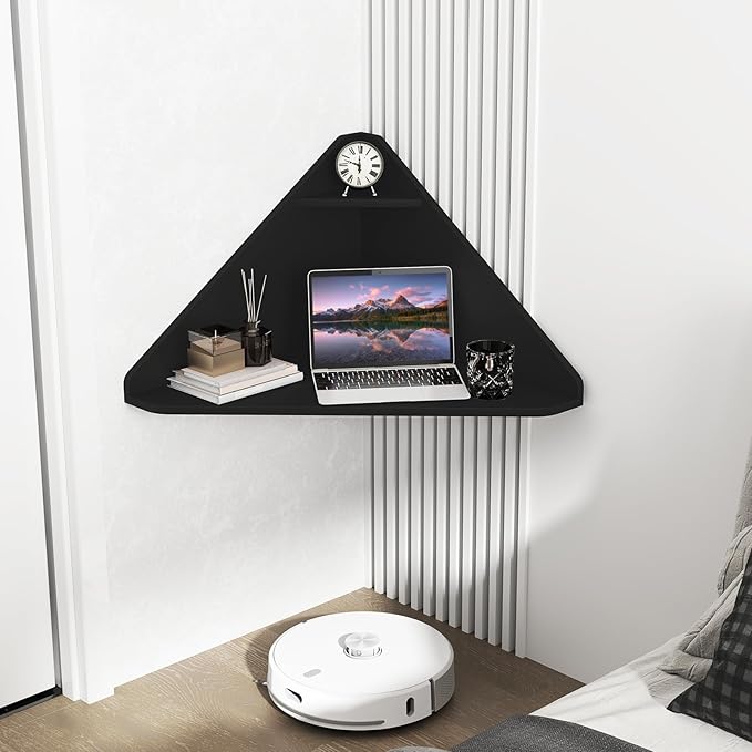 GOFLAME Floating Corner Desk Wall Mounted Triangular Computer Desk w/Storage Shelf Space-Saving Design 90° Wooden Floating Home Office Desk for Writing Working Studying (Black)