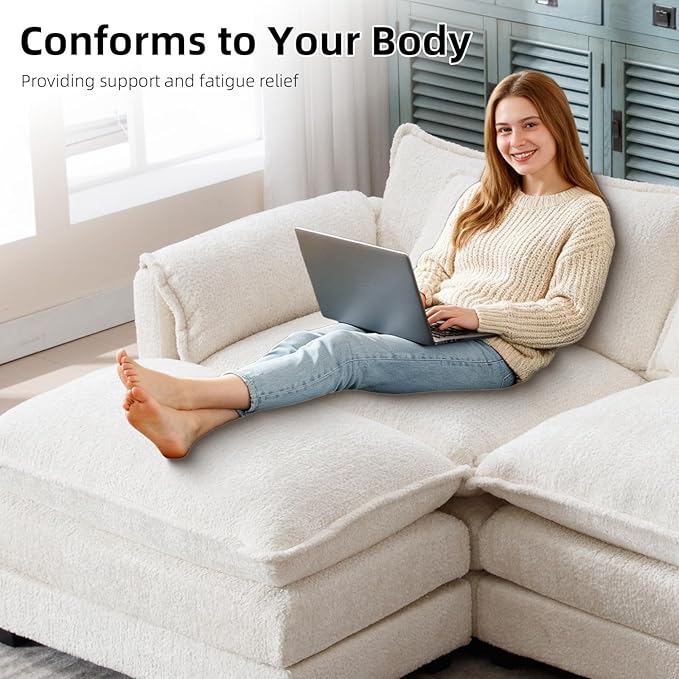 GNIXUU 112 L Shaped Sectional Sofa Cloud Couch for Living Room Oversized Modular Sectional Sofa with Movable Ottoman 4 Seat Chenille Deep Seat Sofa Set with Double Cushion &amp Pillows Beige