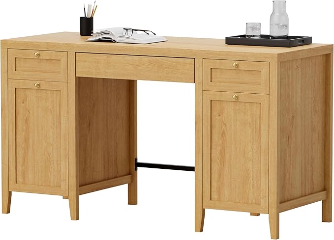 52 Large Executive Desk with Drawers Farmhouse Wooden Home Office Desk with Storage Cabinet Modern Computer Writing Desk for Work Study Workspace Natural Oak