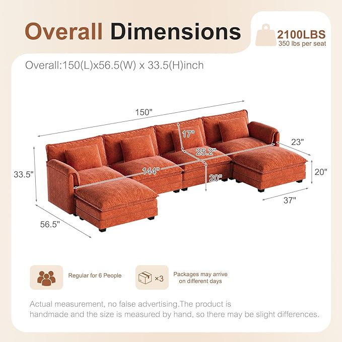 ABCASA Oversized 150 U Shaped Couch Modular Sectional Sofa 6-Seat Comfy Cloud Couch with 4 Pillows Deep Seat Couches for Living Room Bedroom and Apartment Chenille Orange