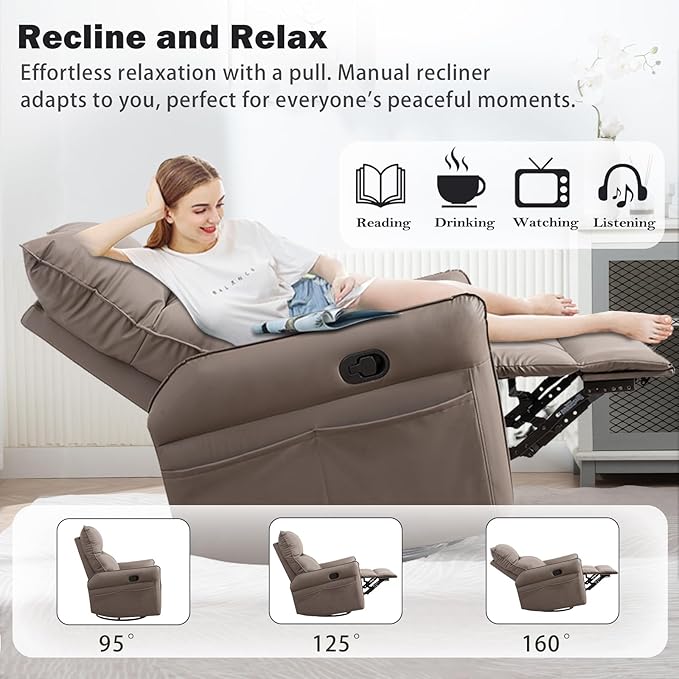 cinkehome Swivel Rocker Recliner Chair Modern Faux Leather Manual Recliner Glider Recliner 360 Swivel 30 Rocking Relaxing Living Room Bedroom