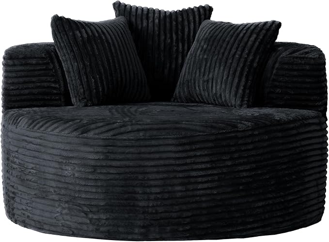 JACH Oversized Sofa Chaise with Three Pillows 50 Corduroy Deep Seat Single Sleeper Sofas Round Upholstered Lazy Floor Sofa for Living Room Apartment Black