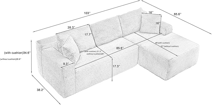 Cloud Couch Sectional L Shaped Boneless Couch Sectional Couches for Living Room Modern Comfy Corduroy Fluffy Modular Sofa with Deep Seat No Assembly (Grey Right Facing Chaise)
