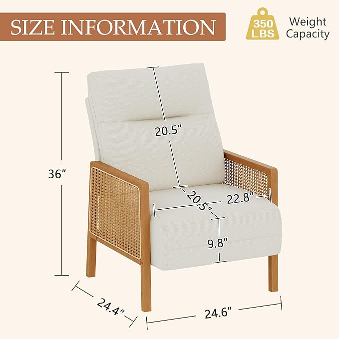 Andeworld Ivory Accent Chairs Set of 2Upholstered Modern Living Room Chairs with Natural Rattan ArmSide Chair for Bedroom Club Balcony Reception Room