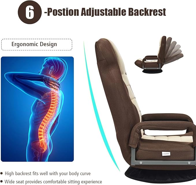 Giantex Floor Chair with 360 Degree Swivel Base Adjustable Backrest Lumbar Support Armrest Foldable Lazy Sofa Rocker for TV Reading Playing Video Games Gaming Chair Floor Beige/Brown