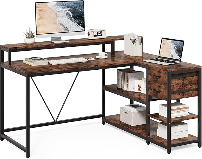 LITTLE TREE 55-Inch L-Shaped Computer Desk Reversible Computer Desk with Drawers and Storage Shelves Corner Desk Gaming Desk Work Desk for Home Office Rustic