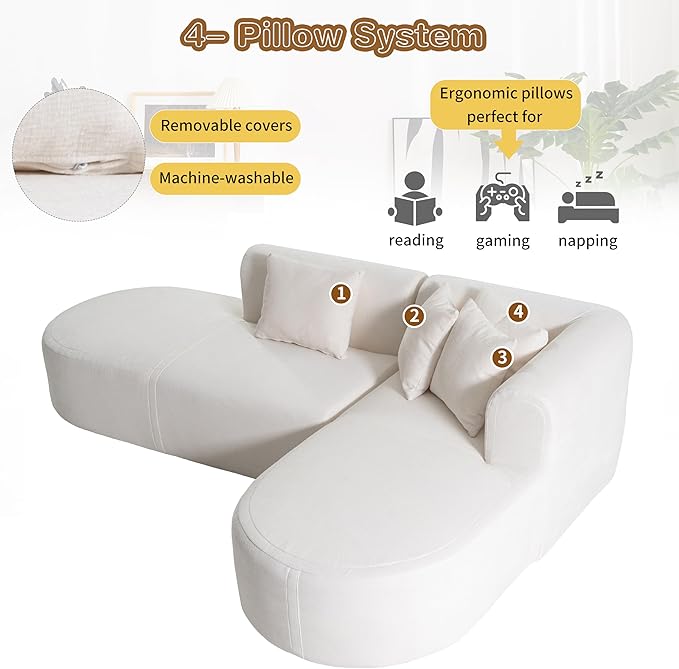 Modern L-Shaped Sofa Couch Stylish Chenille Corner Sofa for Living Room Curved Seat with Wide Stitching Four Comfortable Cushions Perfect for Living Room Bedroom and Office (Beige/367)
