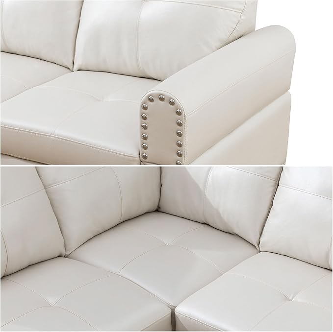 FONTOI Leather Sectional Couch Sofa 4-Seat L-Shaped Sectional Sofa with Cup Holders &amp Nail-Head Trim – Modern PU Leather Living Room Couch for Apartment Bedroom White