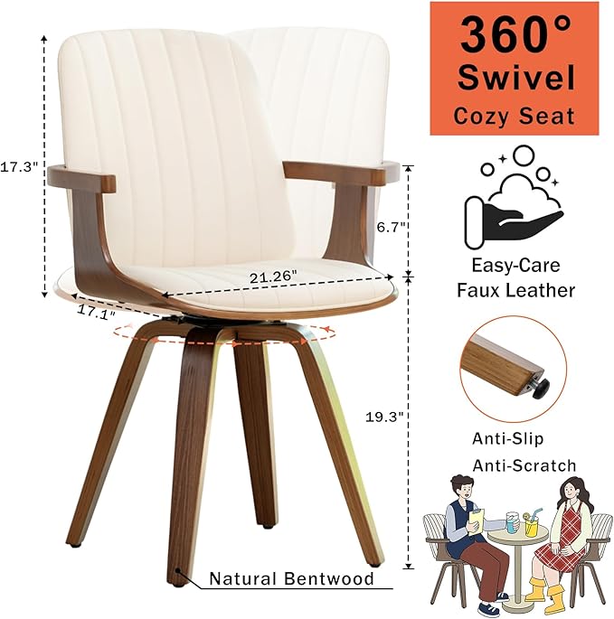 Swivel Dining Chairs Set of 2 Mid Century Modern Dining Chairs with Walnut Craftsmanship Upholstered Faux Leather  Wooden Arms and Legs Kitchen Chairs with Arms for Kitchen/Living Room - Beige