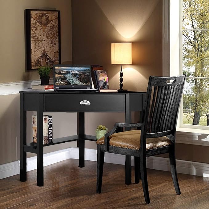Corner Desk Compact Home Office Corner Desk Organizer90 Degrees Triangle Computer Table Laptop Writing Table for Small Spaces with Storage Shelf and Drawer (Black)