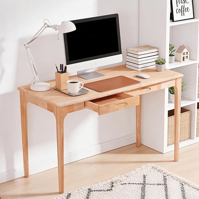 47 Solid Wood Desk with Drawers Small Home Office Writing Wooden Desk Gaming &amp Computer Desk for Bedroom Work Study Table for Small Space(Beech47Inch)