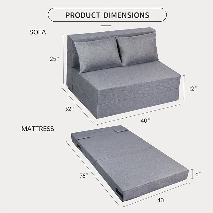 Folding Sofa Bed Twin Size Foldable Sleeper Chair with 2 Pillows Convertible Futon Sofa Bed with Washable Cover Fold Out Couch for Living Room Dorm Guest Room Standard Size Light Grey