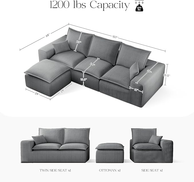 107 Boneless Comfortable Couch with Chaise L Shaped Modular Sectional Couches for Living Room Grey Corduroy Sofas with Ottoman Compressed Sofa in a Box No Assembly Required