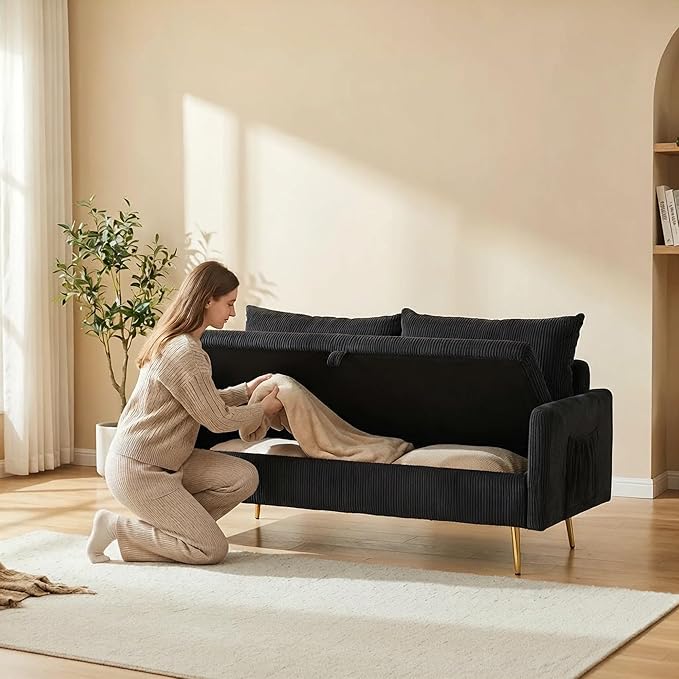 Furnimart 3-Piece Storage Sofa and Couch Set Corduroy Loveseat with 2pc Accent Single Chairs Small Living Room Furniture Set for Apartment Tiny Homes and Lofts 3PC-Black