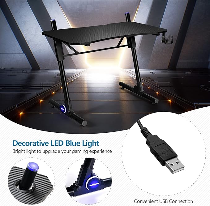 Tangkula Gaming Desk Height Adjustable Computer Desk w/Blue LED Lights Gaming Handle Rack &amp Cup Holder Z-Shaped Ergonomic Home Office Gamer Desk w/Carbon Fiber Texture (Black)
