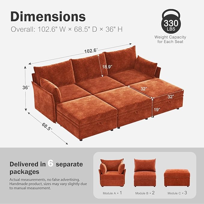 ABCASA 102.6 Luxury Modular Sleeper Sofa Bed 6 Seat Reversible Sectional Couch Deep Seat with Storage Chaises Removable Cover for Living Room Apartment - Chenille Terracotta Orange