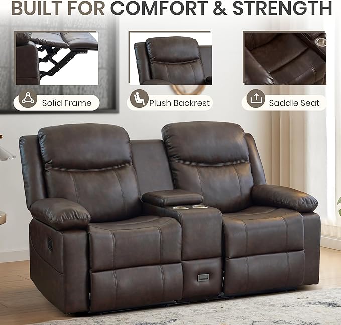 Manual Reclining Loveseat with Massage and Heat Double Recliner Sofa with Center Console Cup Holders &amp Storage for Living Room RV (Brown)