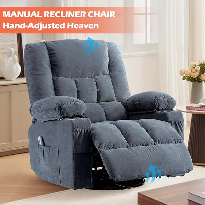 Recliner Chair with Cup Holders for Living Room Single Seat Manual Oversized Recliner with Ergonomic Side Pocket for Adult
