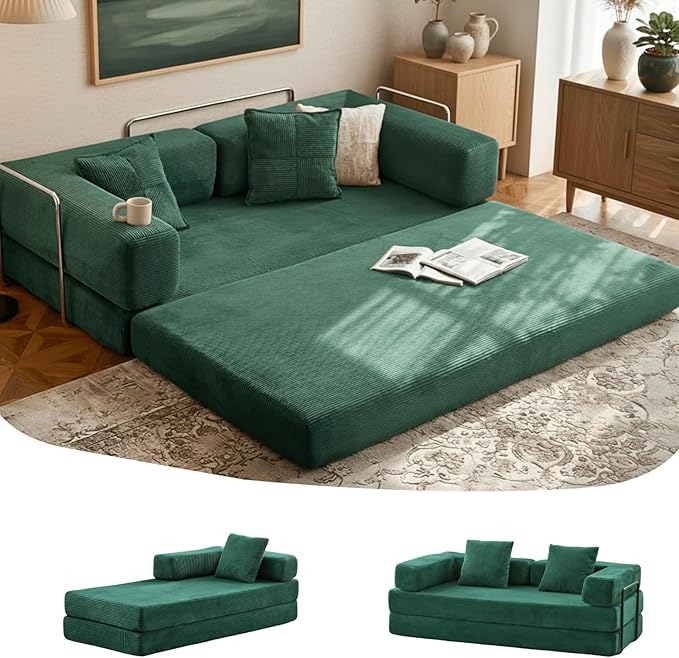 4-in-1 Folding Convertible Sofa Bed 77 Floor Couch with Pillow - Corduroy Fabric &amp High-Density Sponge &amp Fixed-Shape Frame Modular Sofa for Living Room/Lounge/Studio Green
