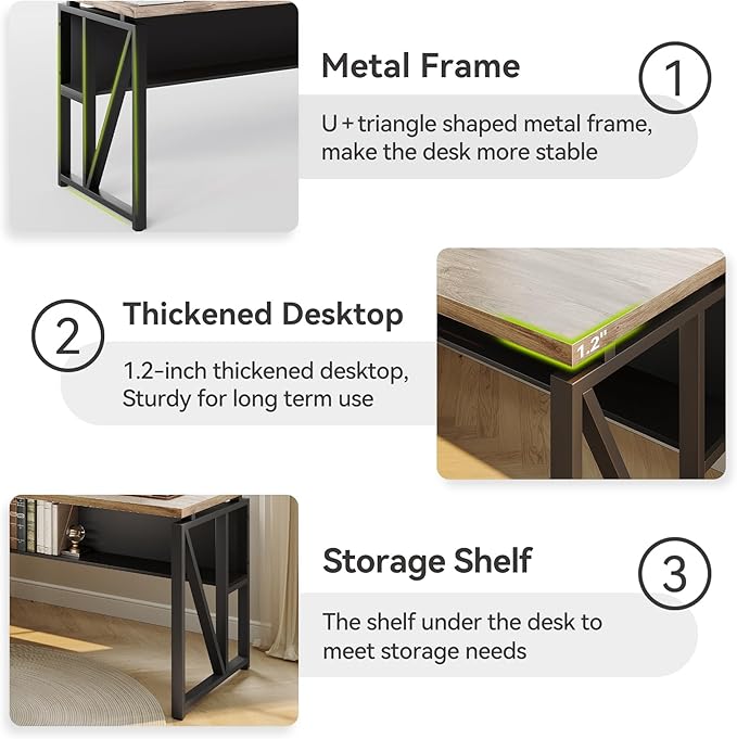 LITTLE TREE 55-Inch Executive Office Desk Large Computer Desk with Storage Shelf Executive Desk with Metal Frame Thickened Desktop Study Writing Desk Work Station for Home Office Grey Black