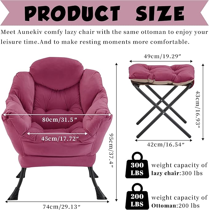Lazy Chair with Ottoman Comfy Accent Lounge Chair with Side Pocket Modern Reading Armchair with Footrest Upholstered Sofa Chair for Small Spaces Bedroom Living Room Dorm Wine Red