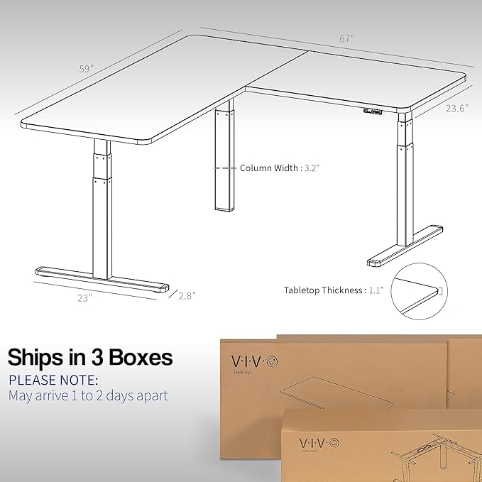 VIVO Electric Height Adjustable 67 x 60 inch Corner Stand Up Desk 2 Dark Gray Solid Table Tops Black Frame Memory Controller L-Shaped Workstation 3E Series DESK-KIT-3E6G
