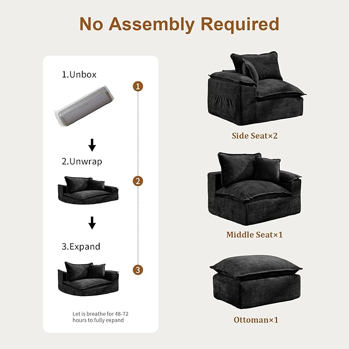 108 Sectional Couches for Living Room Modular Boneless Couch with Deep Seat &amp Fluffy Cushion Cozy Double-Layer Cushioned Sofa with Convertible Ottoman Comfy Cloud Sofa No Assembly Required