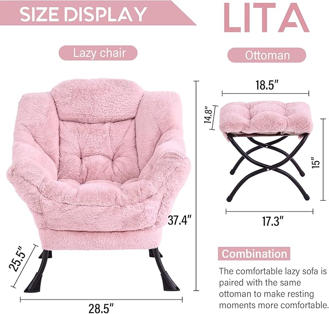 LITA Lazy Chair with Ottoman Modern Accent Leisure Upholstered Sofa Contemporary Lounge Reading Chair with Armrests and a Side Pocket for Living Room Bedroom &amp Small Spaces Plush Pink