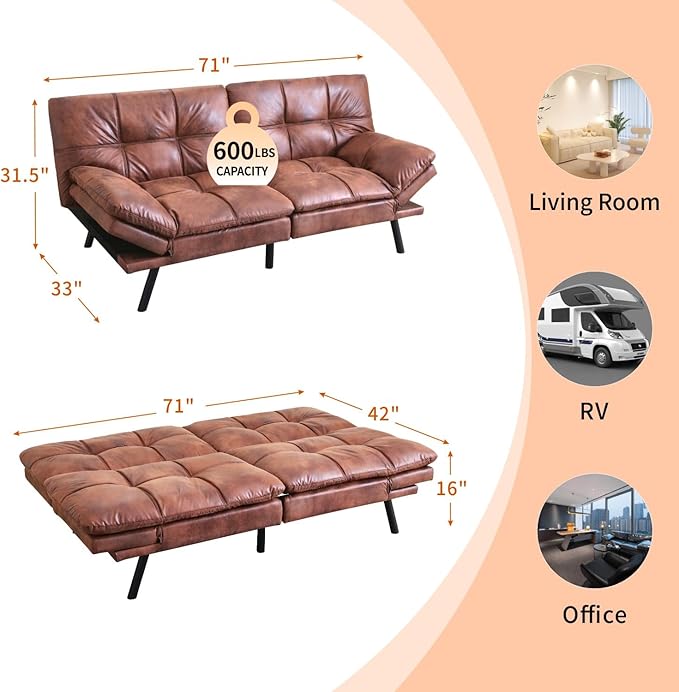 MUUEGM Futon Sofa Bed 71 Chestnut Convertible Memory Foam Futon Couch Bed Modern Loveseat Sleeper with Adjustable Backrests Armrests for Living RoomSmall SpaceOffice