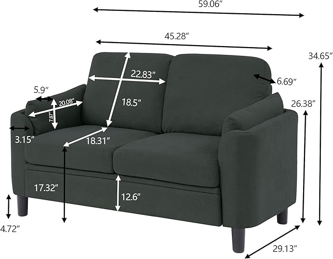 Small Loveseat Sofa60 Modern Love Seat Couch with Back Cushions and Wood Legs 2 Seater Mid Century Couches for Living Room Bedroom Small Spaces(Black)