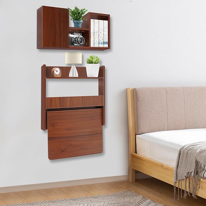 Wall Mounted Folding Table Solid Wood Floating Desk for Small Spaces with Storage Shelves Fold Down Laptop Desk Functional Hanging Bookshelf for Home Living Room Office (Walnut Color)