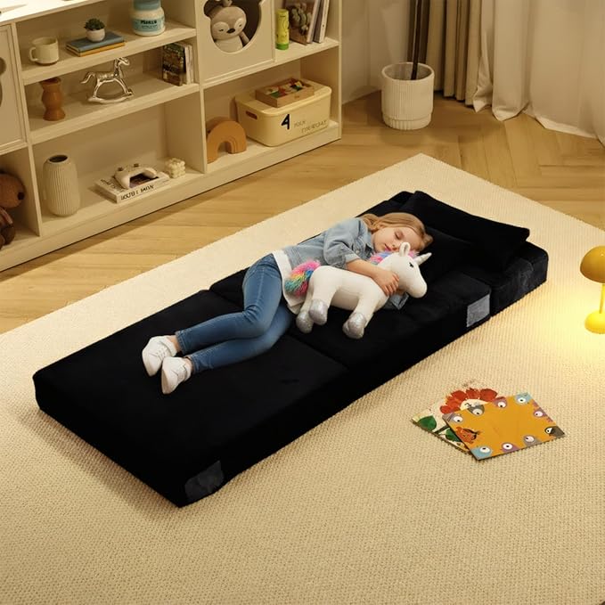 Tiita Convertible Folding Kids Sofa Bed with Pillow &amp Storage Bag Plush Fabric Floor Mattress Couch Bed Washable Cover Kids Room Playroom Dorm Apartment Black