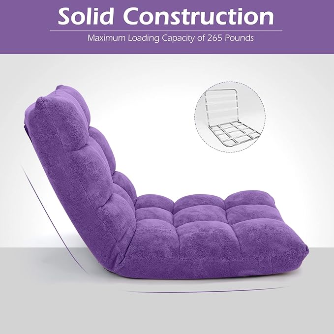 LDAILY 14-Position Floor Chair Adjustable Gaming Chair with Strong Back Support Padded Cushion Folding Couch Recliner Sofa Ideal for Floor Seating Reading Gaming(Purple)