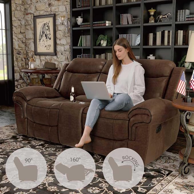 24/7 Shop at Home Amos Oversized Nursery Glider Recliner Chairs for Adults Manual Comfy Reading Couch Overstuffed Reclining Loveseat Sofa Adjustable Comfy Theater Seating for Living Room Brown