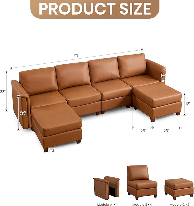 U Shaped Modular Sectional Sofa Cloud Couch with Storage Faux Leather Sectional Couch for Living Room Furniture Apartment(6-Seater B)