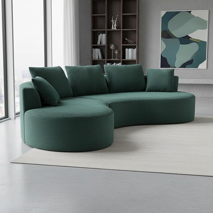 ERYE Oversized Curved Tight Backrest Sofa Floor Boneless Modular Foam Sofa Couch with Left Facing Chaise Lounge and 5 Pillows Corduroy Upholstered No Assembly Required