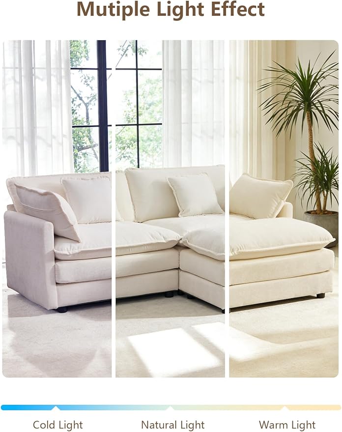 Modular Sectional Sofa Modern Loveseat Sofa Cloud Couch with Movable Ottoman Comfy Chenille Deep Seat L Shaped Couches for Small Living Room Bedroom Apartment Beige White